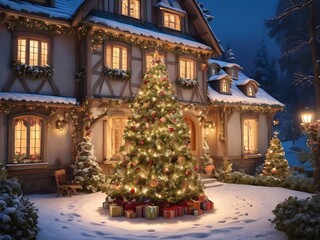 Fototapeta premium A beautiful decorated Christmas tree stands in the courtyard of a large fairy-tale house in the evening