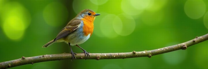 Vibrant European robin, perched on a twig, lush green foliage , cute, twig, picture