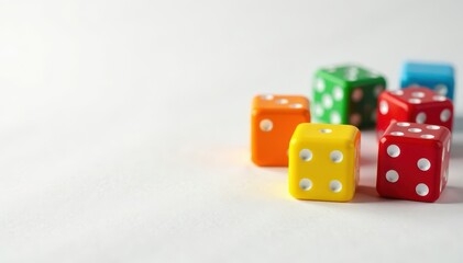 Close-up shot of colorful dice set against white backdrop, polyhedra, fun, background