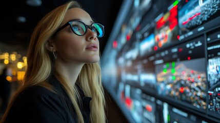 Woman analyzing data on large screen. (2)
