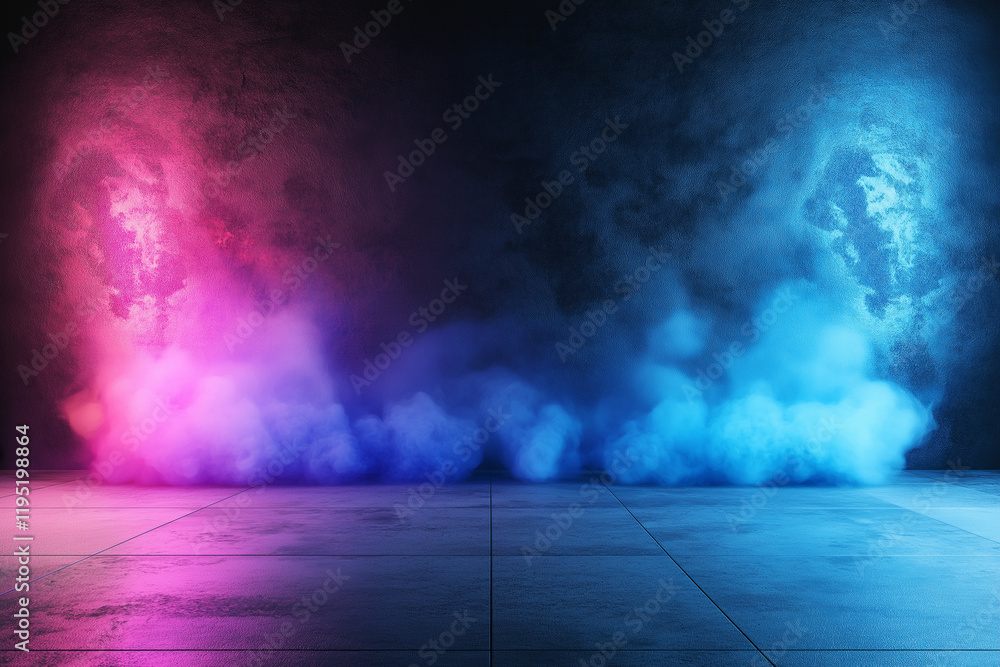 Poster vibrant abstract background featuring pink and blue smoke against textured wall, creating dynamic an