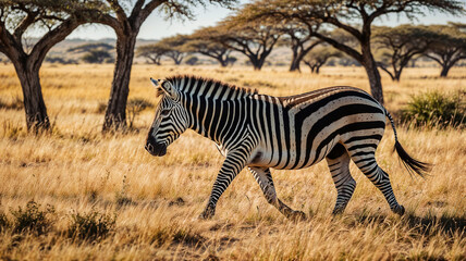Obraz premium Zebra Walking Through Savanna: Stunning Black and White Stripes in African Wilderness