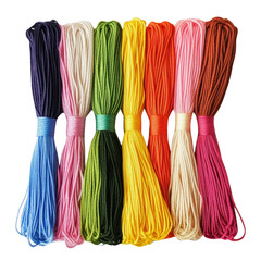 Vibrant Collection of Colorful Yarn Skeins on a white background.