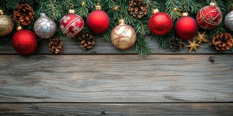Festive decorations with red and gold ornaments and pinecones on rustic wooden surface with green pine branches in top position