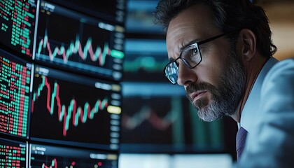Stockbroker monitoring energy stock prices on multiple monitors, trading floor, finance industry