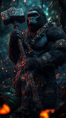 Fototapeta premium Majestic gorilla warrior holding a massive hammer in a mystical jungle setting with glowing orange embers, detailed and powerful presence