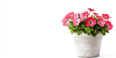 Obraz premium Blooming pink flowers in a white pot positioned on the right against a clean white background, showcasing vibrant green leaves and delicate petals.
