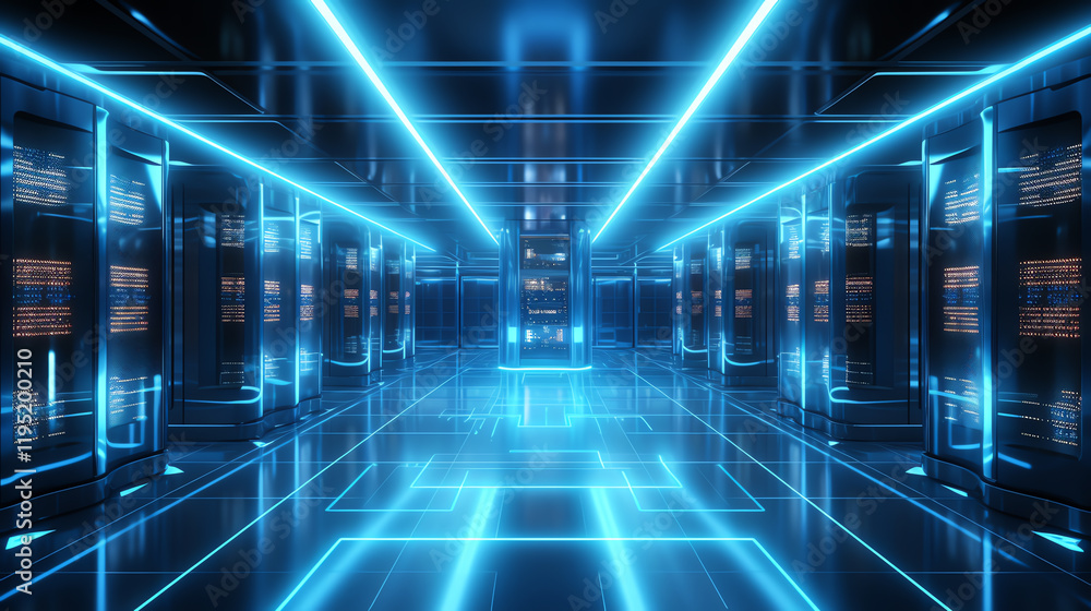 Poster futuristic data center illuminated by blue lights, showcasing advanced technology and digital infras