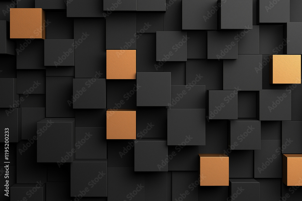 Poster abstract black background with 3d cubes and orange accents, creating modern and dynamic visual. inte