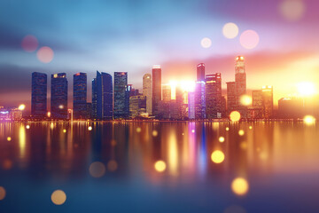 vibrant city skyline at sunset, featuring modern skyscrapers reflecting on water. scene is illuminated with colorful lights and dreamy atmosphere