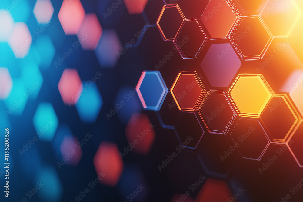 Poster hexagonal grid background with glowing elements in vibrant colors. design features mix of blue, oran