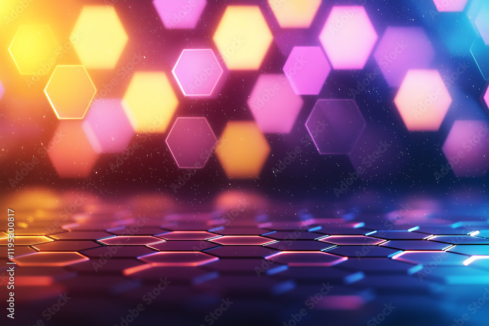 Poster vibrant hexagonal pattern with neon lights creating colorful backdrop, perfect for modern designs an
