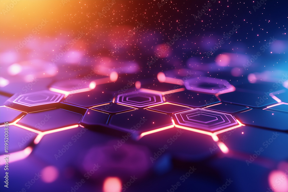 Poster vibrant hexagonal pattern illuminated by neon lights creates mesmerizing visual effect, with sparkli