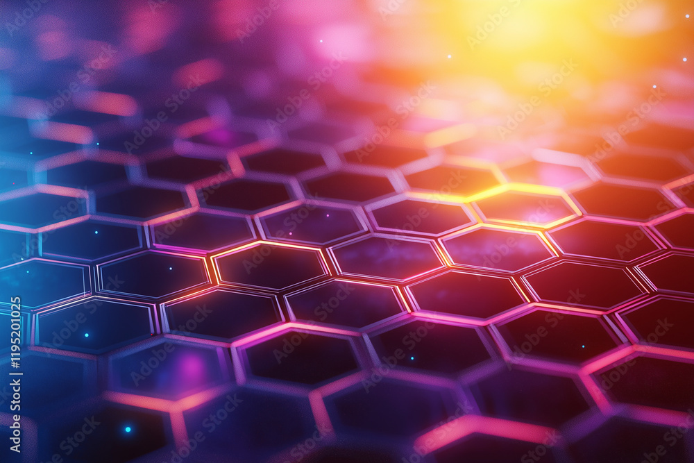 Poster vibrant hexagonal pattern illuminated by neon lights creates mesmerizing visual effect. interplay of