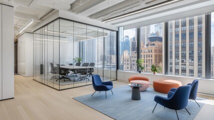 Modern office space featuring a glass conference room and stylish seating area.
