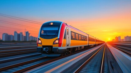 Naklejka premium High-speed train travels towards sunset.