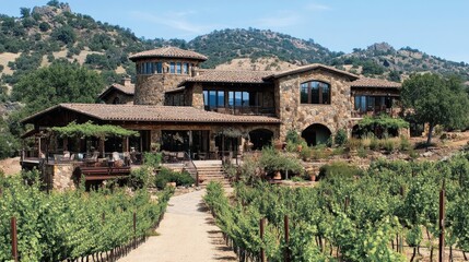 Naklejka premium A charming vineyard, where visitors enjoy wine tasting and beautiful views of rolling hills and grapevines.