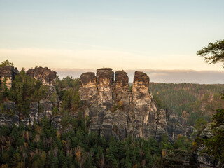 Bastei Sandsteinfelsen im Morgenlicht in der Sächsischen Schweiz mit Blick auf den Wald