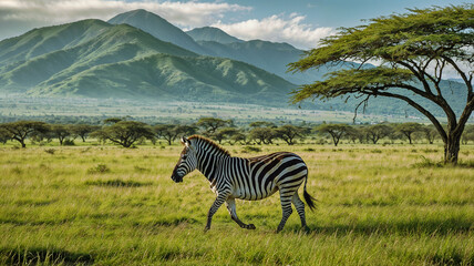 Fototapeta premium Zebra Grazing in African Savanna: Stunning Stripes and Serene Landscape