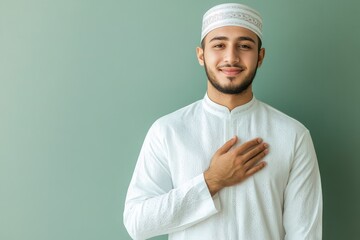 Smiling Muslim Man with Hand on Heart Wearing Traditional White Thobe and Kufi Hat