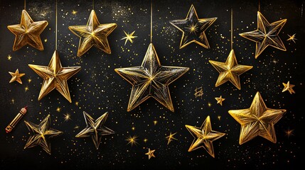 Fototapeta premium Gold and black star decorations on dark background.