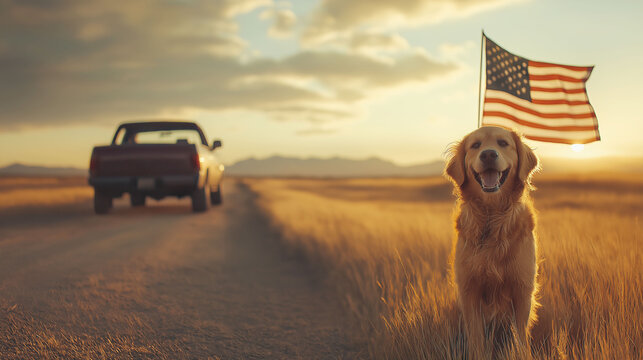 Golden retriever proudly waves American flag in golden grassland with pickup truck parked in the background