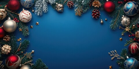 Christmas themed festive backdrop with red and silver ornaments and pine branches on a deep blue background, featuring ample empty space for text.