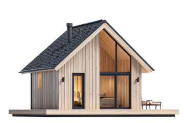 Scandinavian wooden cabin with minimalist design, white background isolated on white background.