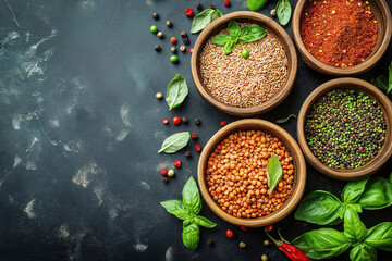 Whole grains selection highlighting their importance in a balanced diet with herbs on a dark background