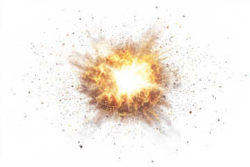 Shining explosion effect with hot rays and light particles isolated on blank background