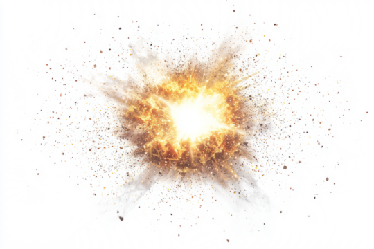 Shining explosion effect with hot rays and light particles isolated on blank background