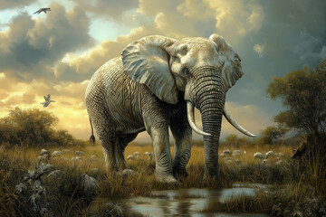 Fototapeta premium Majestic elephant gracefully wades through serene waters at dusk in a vibrant wildlife setting