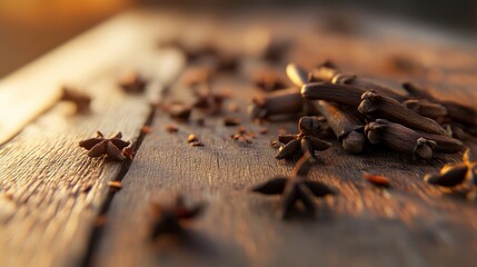 Aromatic Spices Spread Across a Rustic Wooden Table Capturing the Essence of Culinary Delights in Warm Natural Light