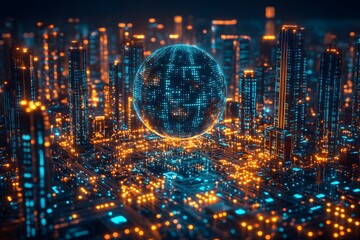 Obraz premium Futuristic Cityscape with Digital Globe in Neon Lights for Technology Design