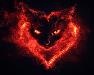 A mystical black cat with fiery eyes surrounded by a heart of flames.
