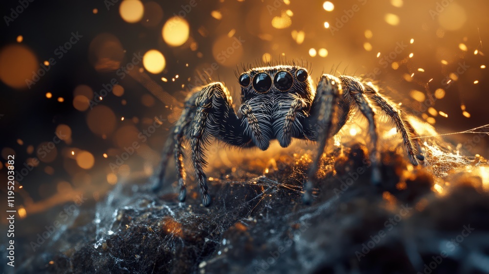 Poster a detailed close-up of a jumping spider on a spider web with bokeh lights