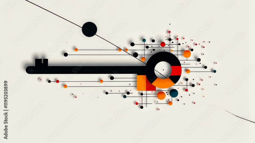 Poster creative illustration of a key with colorful abstract shapes and patterns