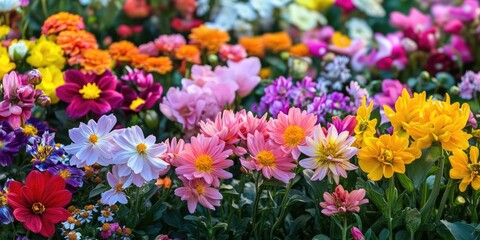 Obraz premium Vibrant field of multicolored flowers including pink, yellow, and orange hues in full bloom displaying summer floral beauty ideal for celebrations