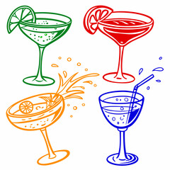 A series of vintage-style line drawings of various cocktail glasses, some with garnishes and splashing liquids 