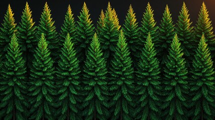 Dense evergreen forest at sunset, rows of tall pine trees.