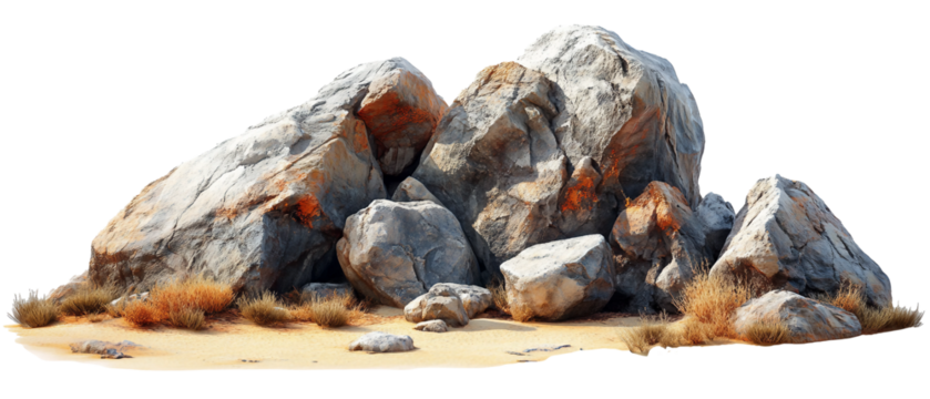 A set of massive boulders positioned in a barren golden color desert landscape isolated on white background. Suitable for marketing or business purposes. PNG file