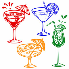 A series of vintage-style line drawings of various cocktail glasses, some with garnishes and splashing liquids with white background 
