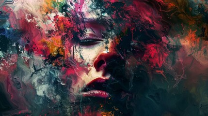 Fototapeta premium Abstract Face Portrait with Colorful Paint Splatters and Swirls