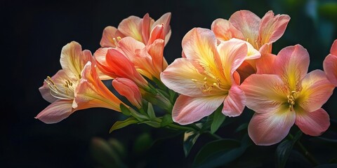 Delicate pink and orange Freesia flowers elegantly arranged with lush green foliage against a soft dark background creating a serene floral ambiance