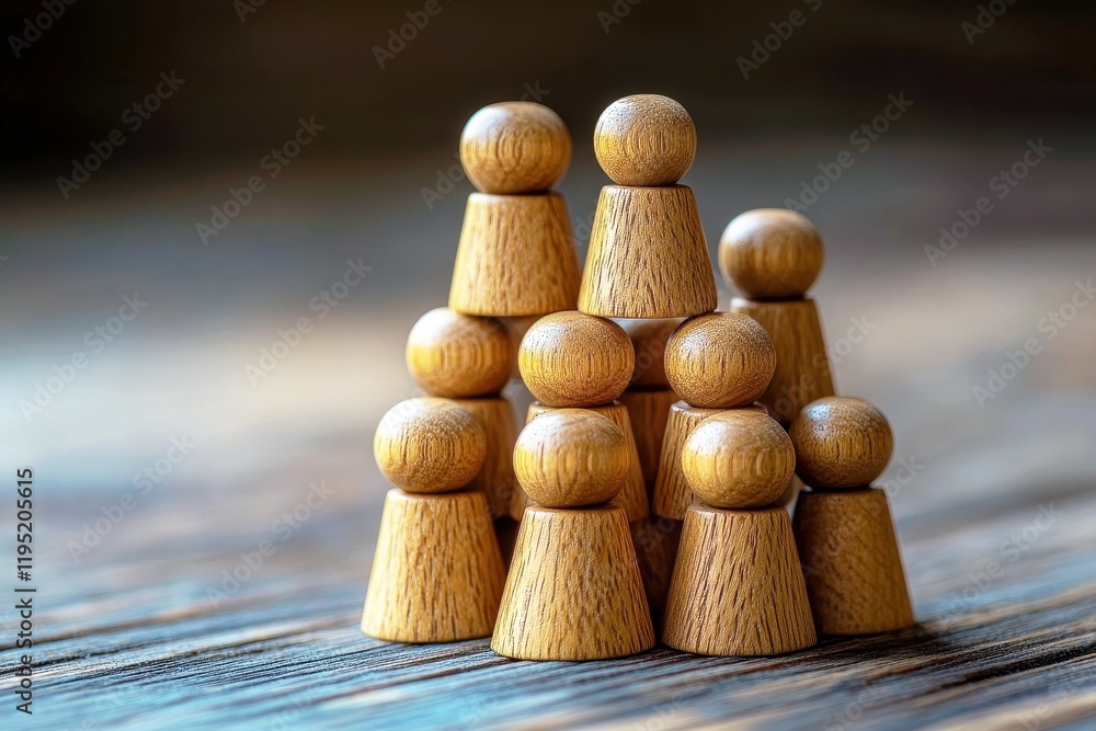 Poster wooden figurines stacked in a creative arrangement on a rustic surface with soft natural lighting fo