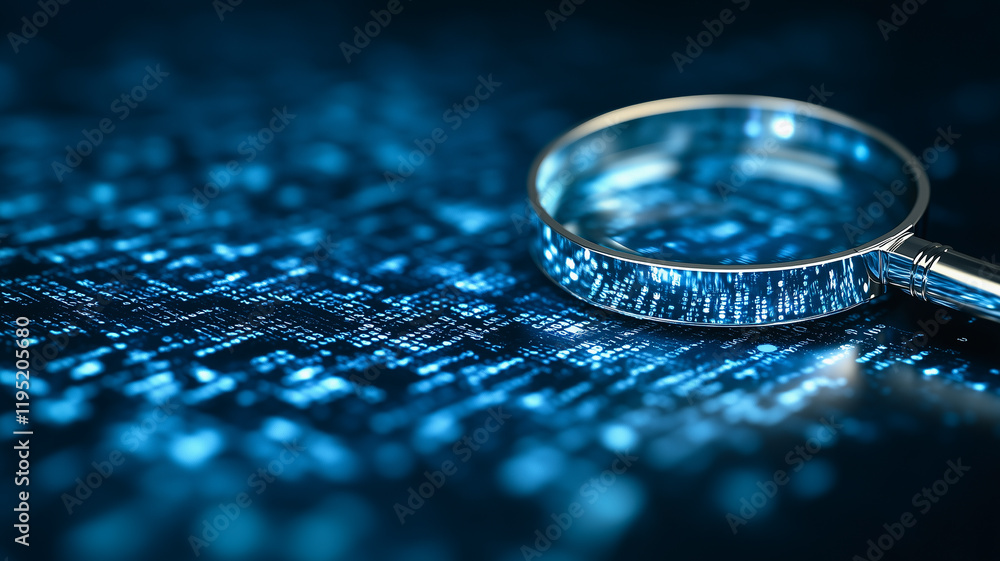 Poster cybersecurity analysis: a close-up shot reveals a magnifying glass positioned over a complex digital