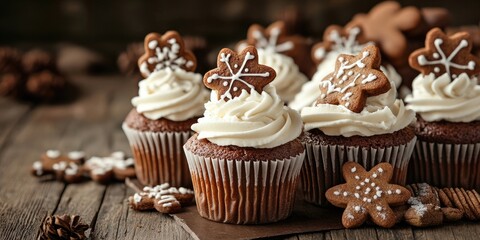 Festive gingerbread cupcakes with whipped cream topped muffins, decorated with gingerbread cookies, set on a warm wooden backdrop with spices.