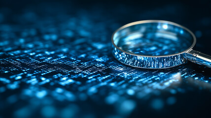 Cybersecurity Analysis: A close-up shot reveals a magnifying glass positioned over a complex digital code, symbolizing the intricate process of cybersecurity analysis and data protection.