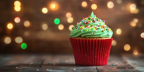 Festive green cupcake with colorful sprinkles in a red cup against a wooden background with soft bokeh from garland lights in warm tones.