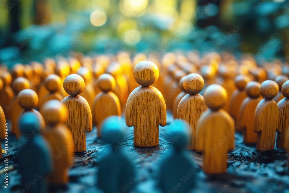 Aufkleber wooden figurines representing diversity and unity standing together in a serene forest setting with 